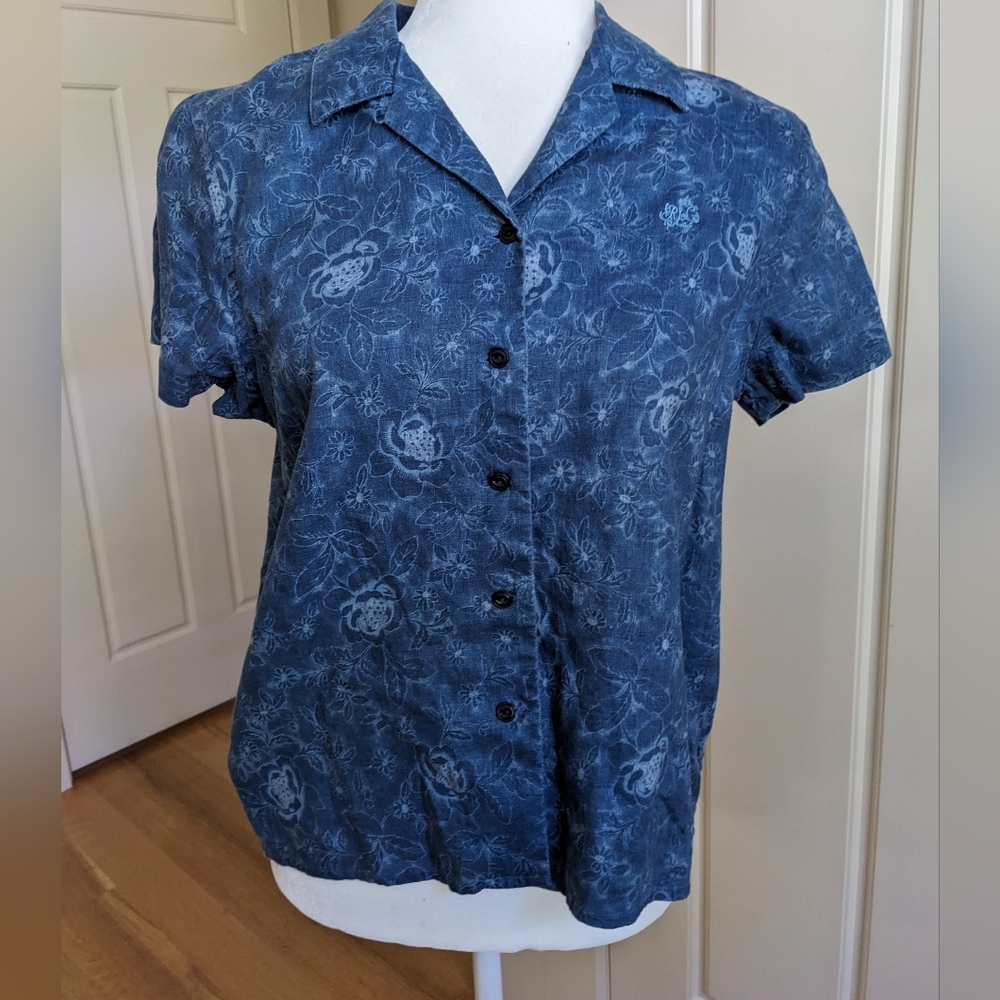 Lauren Ralph Lauren Short Sleeve Button Down Linen Shirt Petite Medium